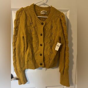 Anthropologie Golden Cable Knit Puff Sleeve Cardigan - MEDIUM
